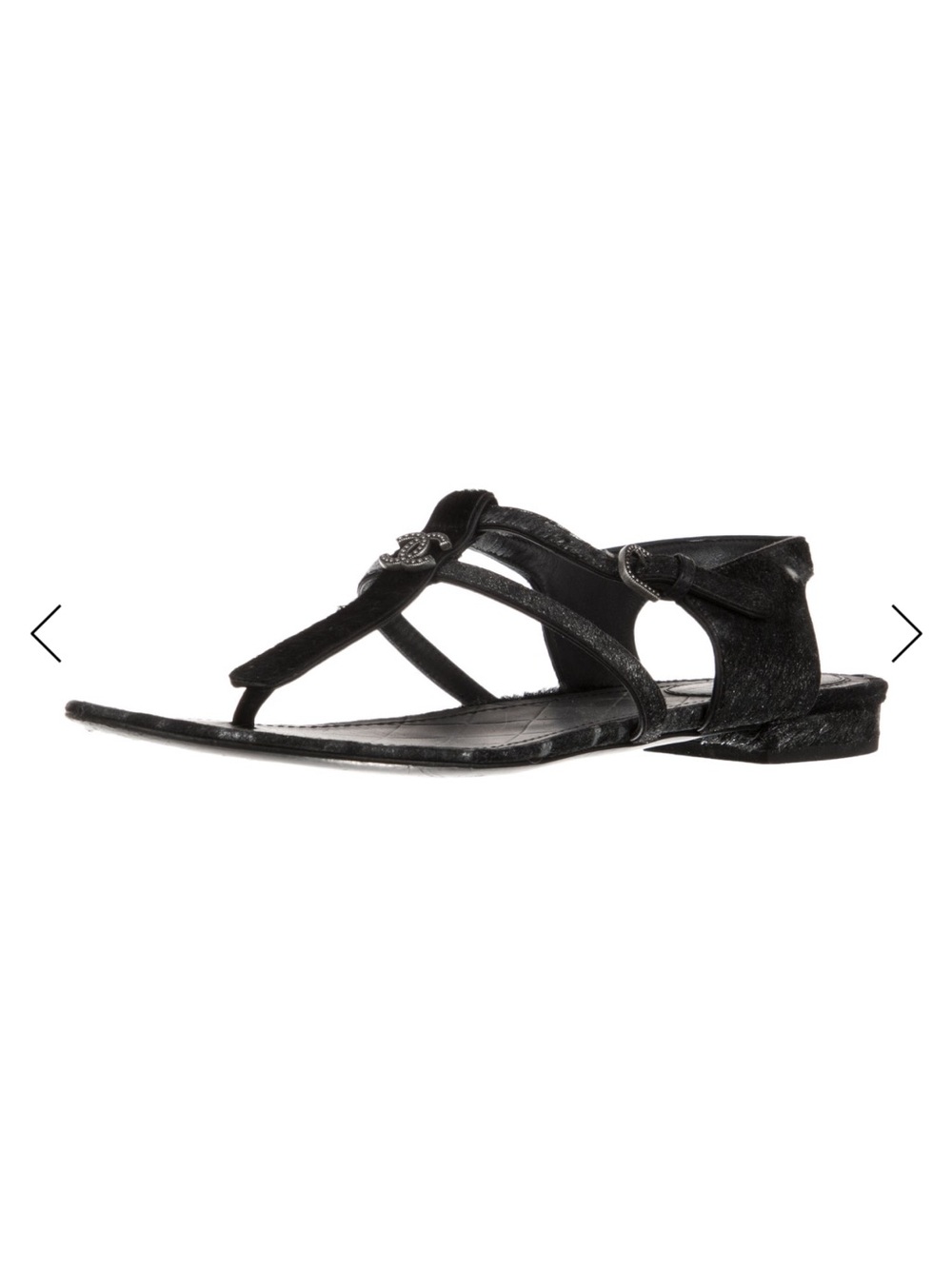 CHANEL Black leather with Silver. T-Strap Sandals. Very Chic. With Dust Bag